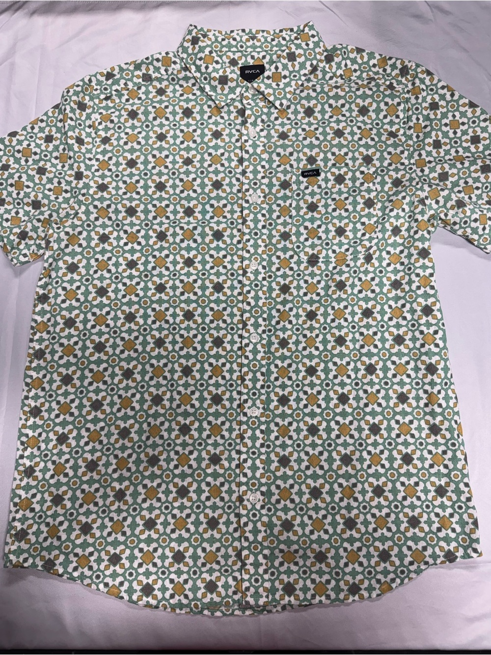 RVCA White Short Sleeve Button-Up Shirt with Green & Gold Geometric Print